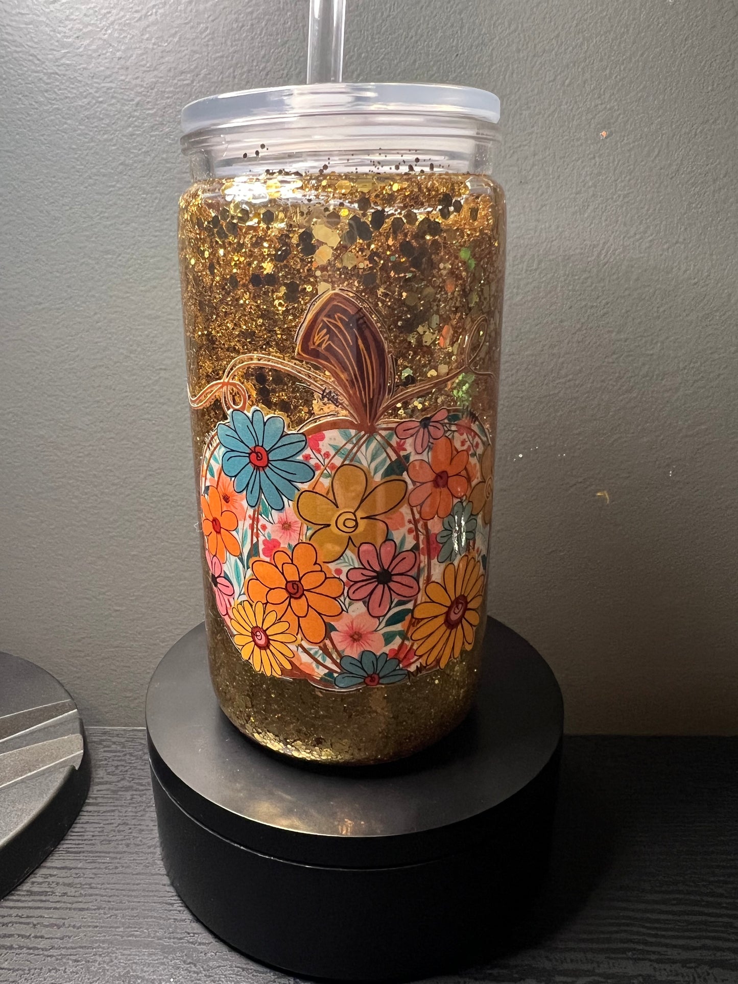 16oz floral pumpkin glitter snowglobe