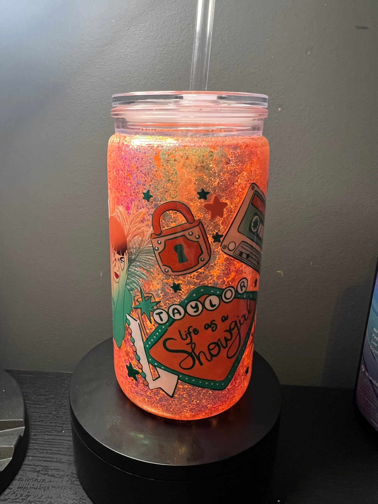 16 oz TS Showgirl glitter snowglobe tumbler