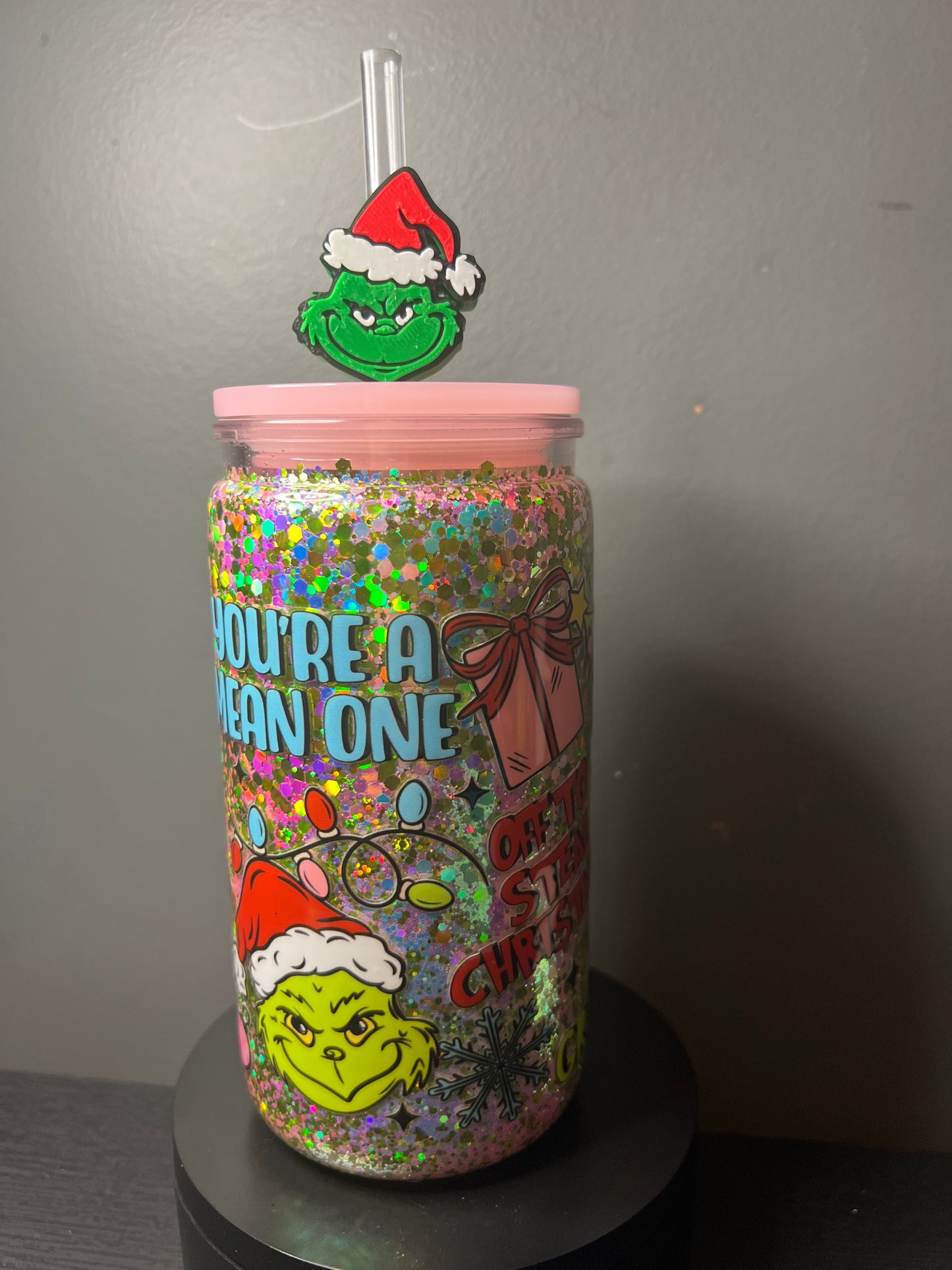 16 oz your a mean one glitter snowglobe with 3d straw topper