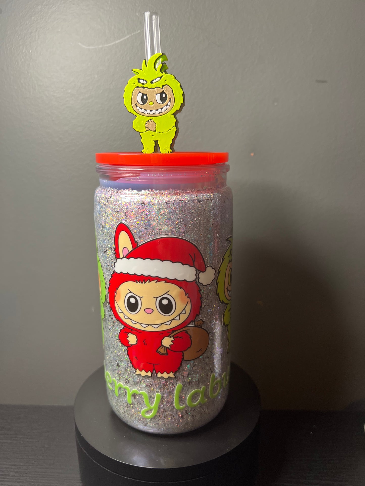16 oz Labubu Christmas glitter snowglobe with 3d straw topper