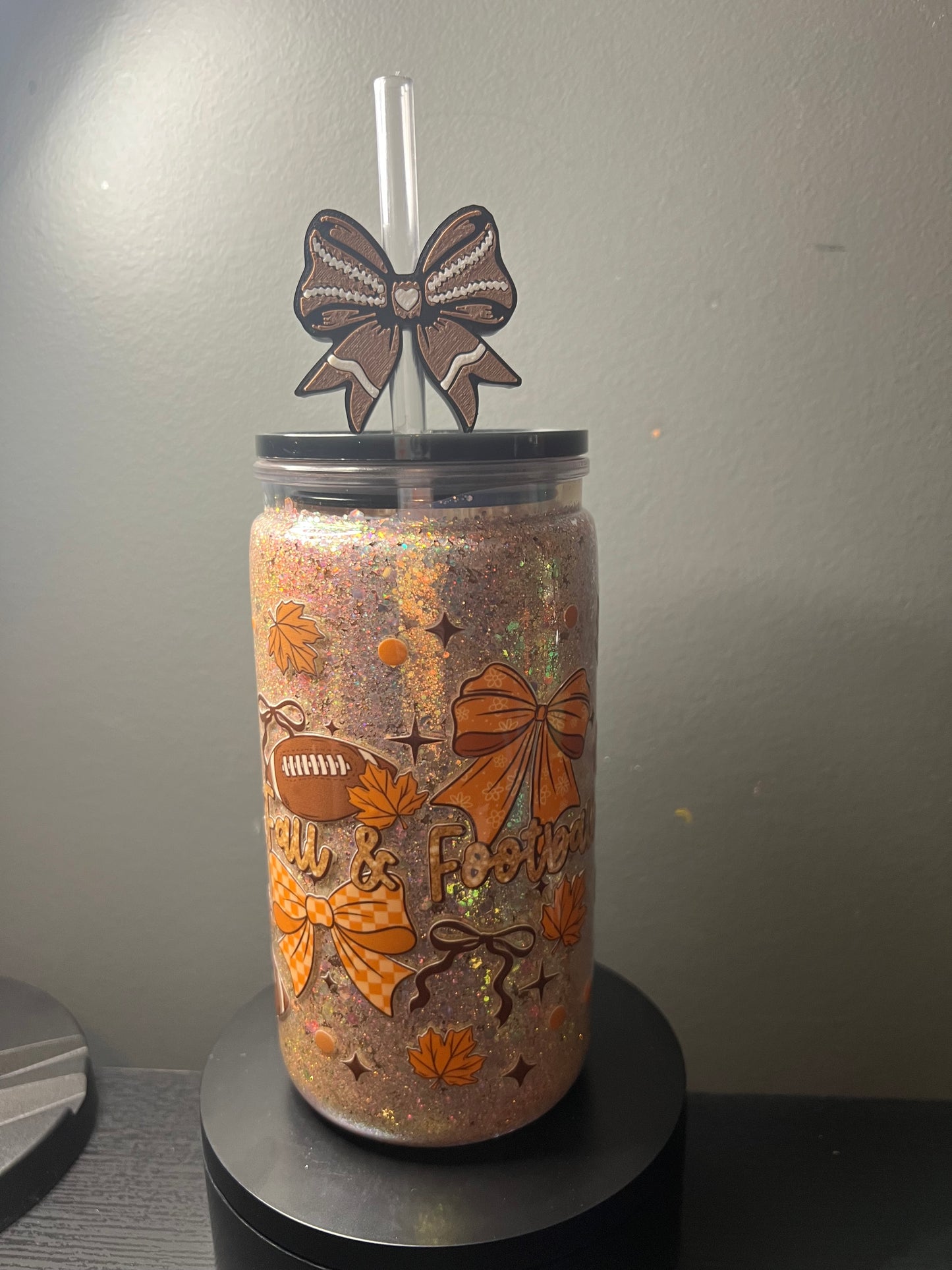 16 oz fall & football glitter snowglobe with 3d straw toppers