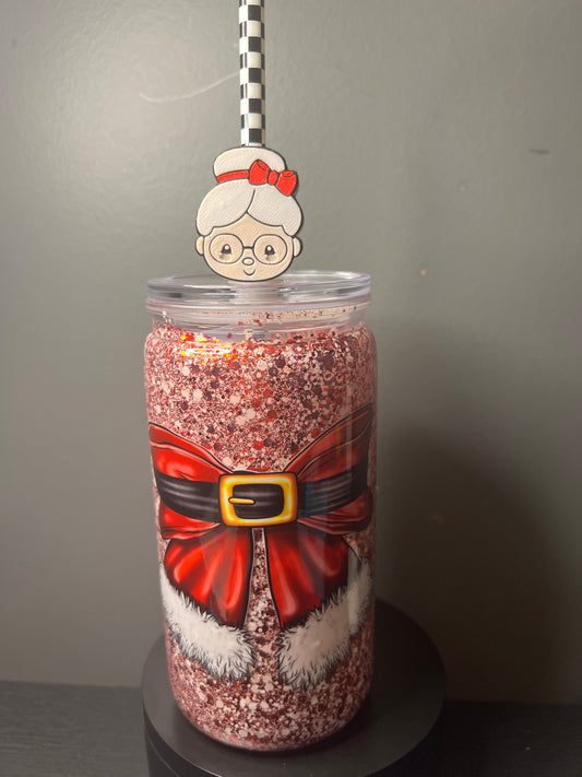 16 oz bow glitter snowglobe with 3d straw topper