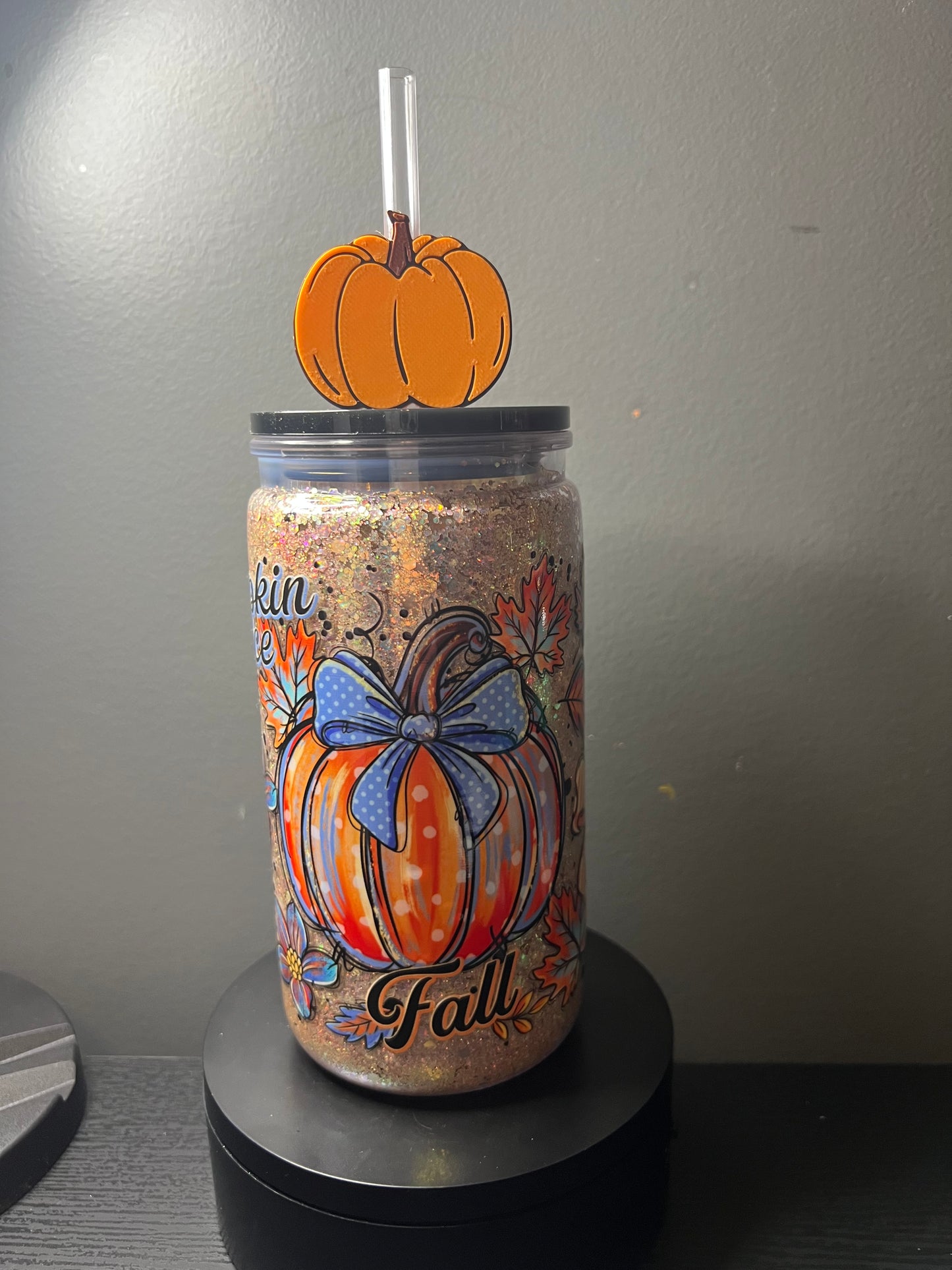 16 oz fall blue pumpkin glitter tumbler