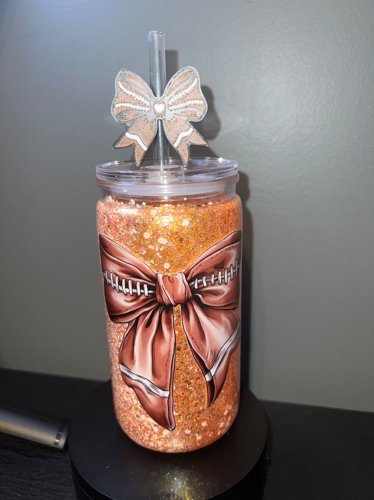16oz football bow tumbler with 3d straw toppers