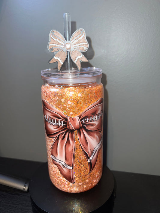 16oz football bow tumbler with 3d straw toppers