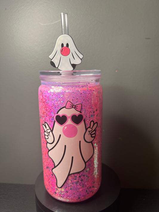 16 oz bubblegum ghost glitter snowglobe with 3d straw topper