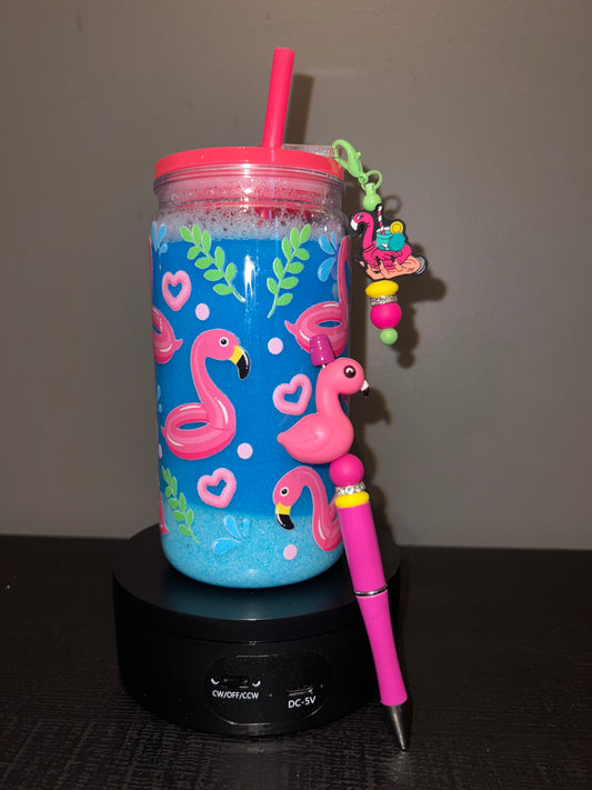 Flamingo snow globe with pen and straw topper