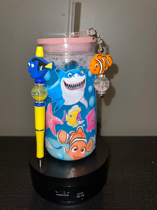 Finding Nemo snow globe set with straw charm and pen