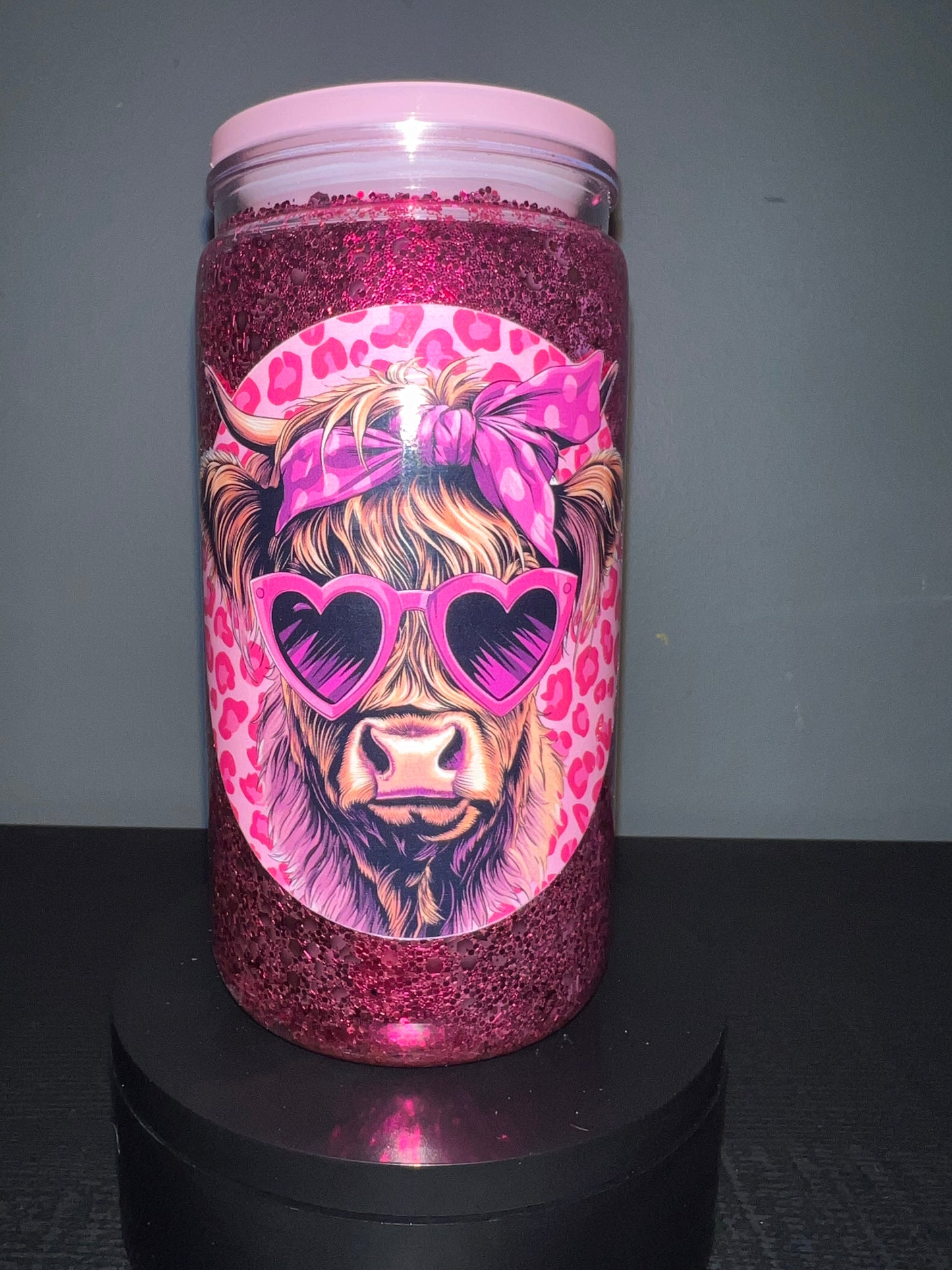 Pink cow glitter tumbler