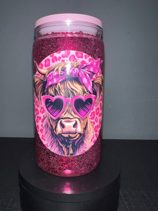 Pink cow glitter tumbler
