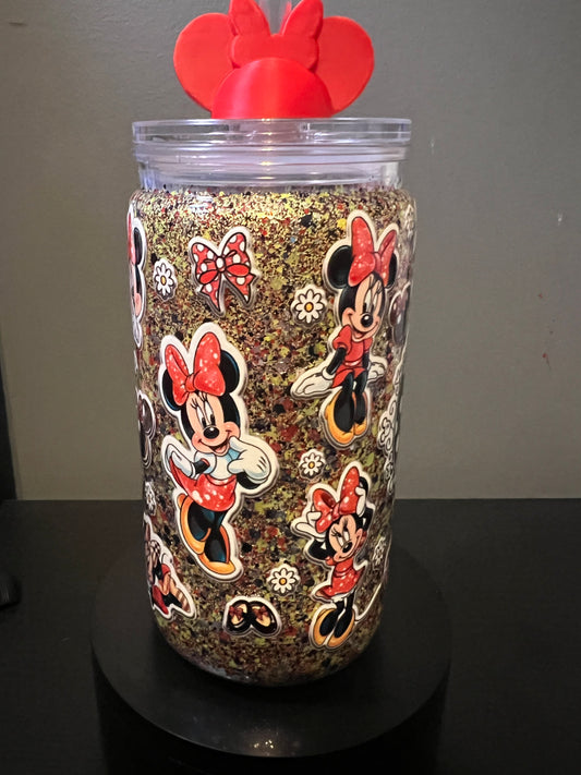 16 oz Minnie dry glitter snow globe with Minnie 3d straw topper