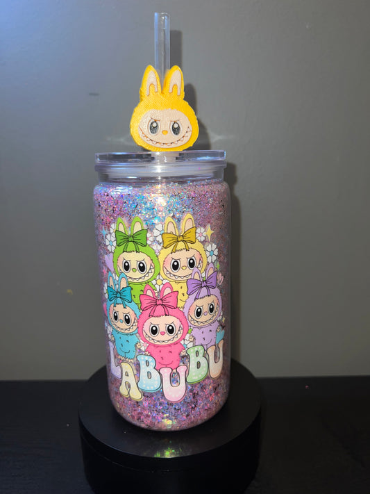 16 oz Labubu dry glitter snowglobe with 3d straw topper