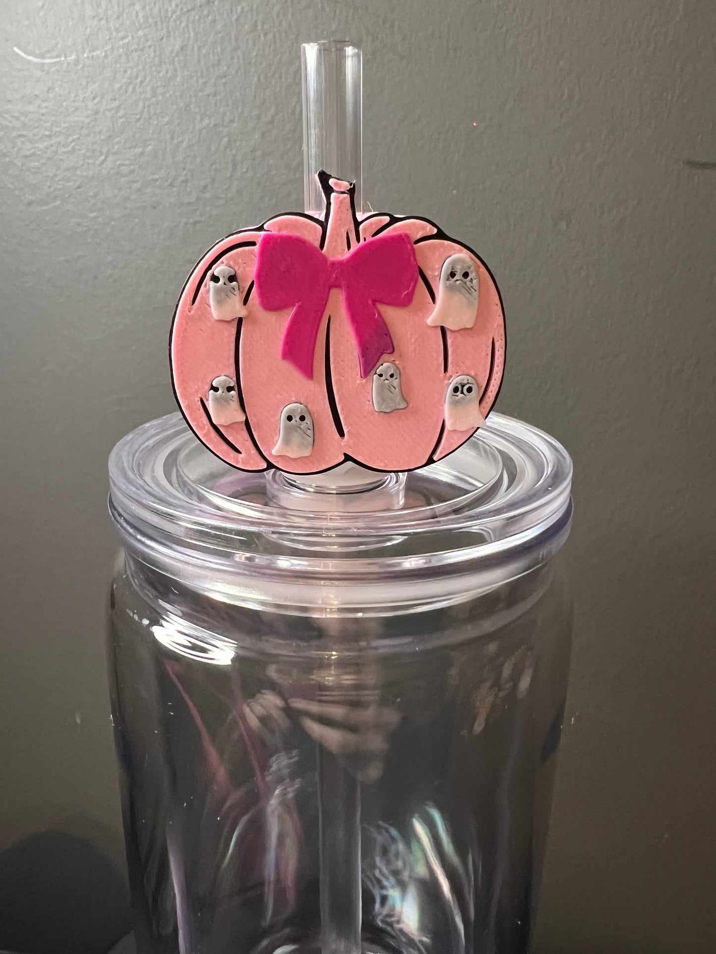 Pink ghost pumpkin 3d straw topper