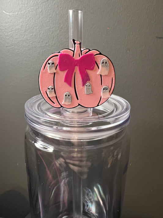 Pink ghost pumpkin 3d straw topper