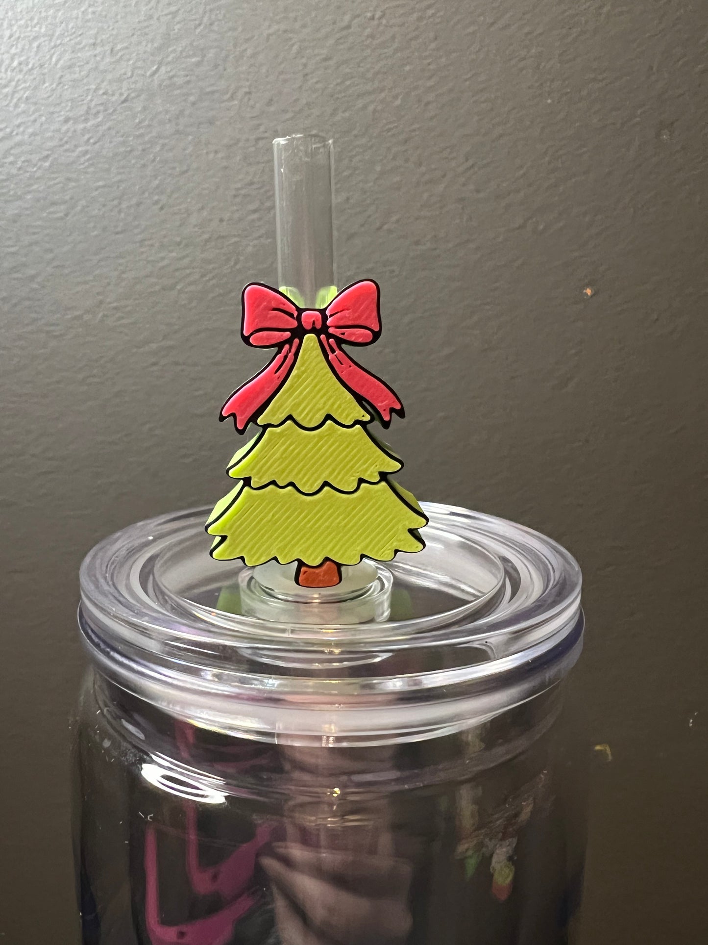 Pink bow Christmas tree 3d straw topper