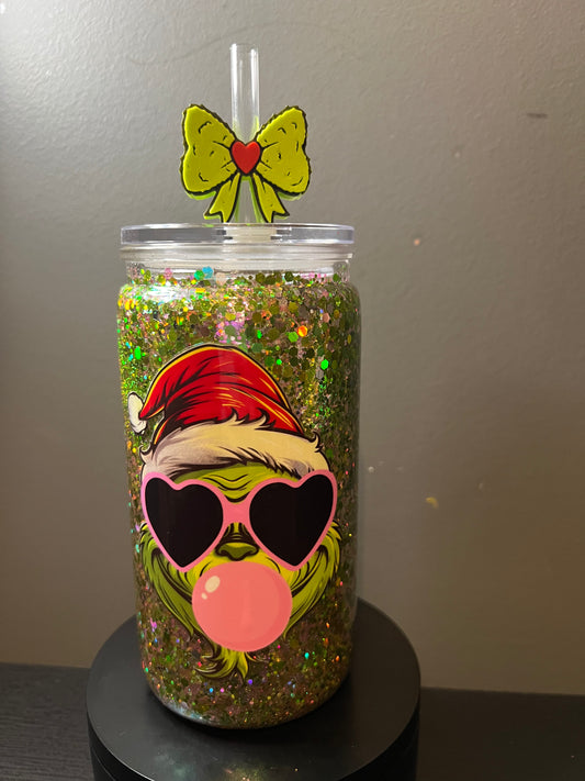 16oz  grinch glitter snowglobe with 3d straw topper
