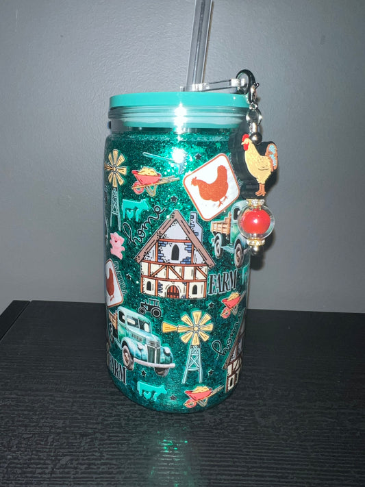 Farm snow globe tumbler with straw charm