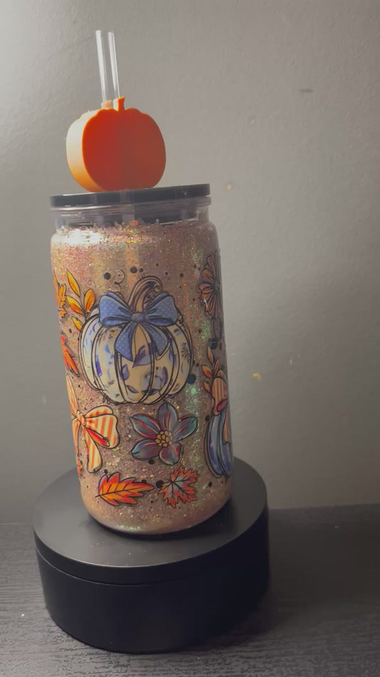 16 oz fall blue pumpkin glitter tumbler